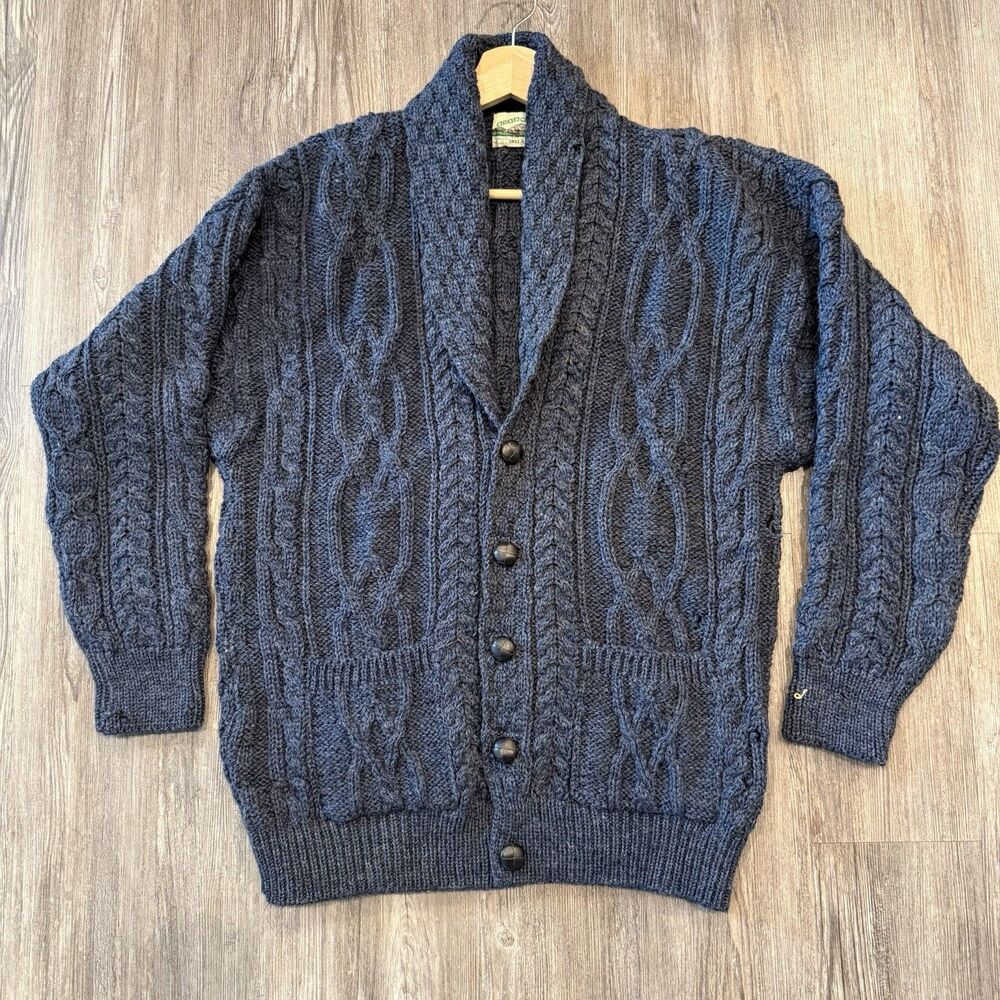 Aran Crafts Ireland Merino Wool Cardigan Sweater Sz S *DAMAGED* Blue Chunky